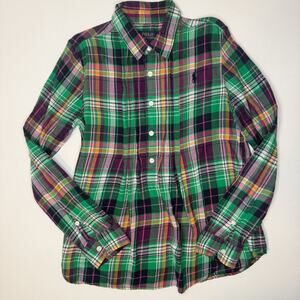 Polo Ralph Lauren Plaid Green Half Button Down Shirt Kids 12Y